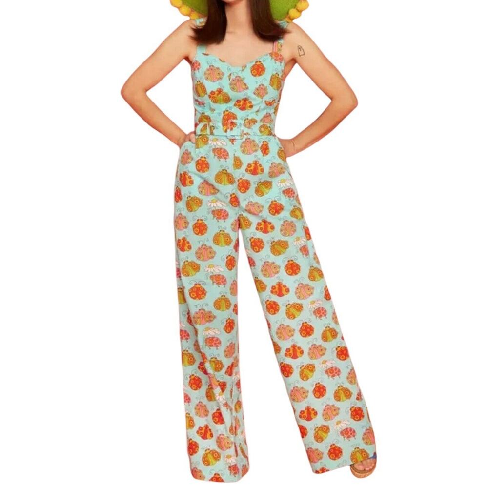 ModCloth Womens Bugs and Kisses Wide Leg Jumpsuit Small Belted Retro Boho Hippie